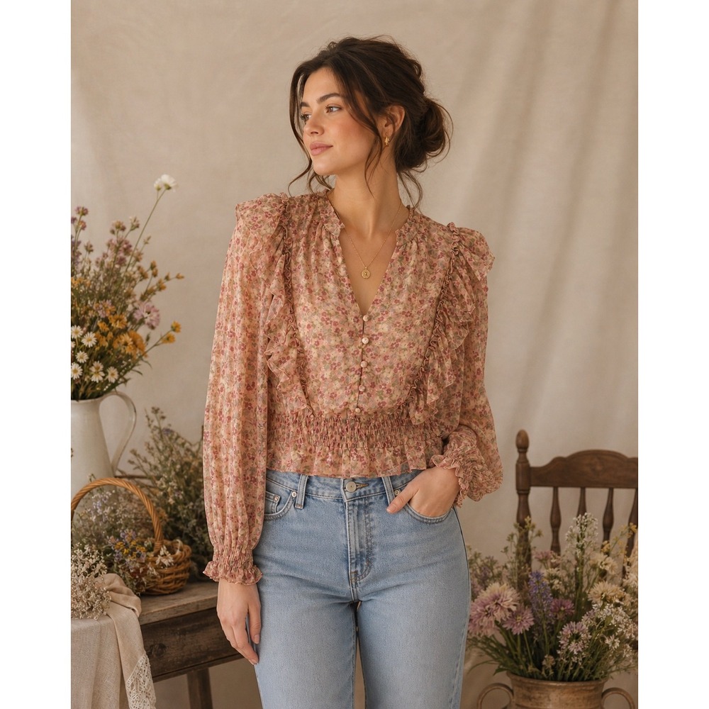 Yumi Kim‎ Clover Top S Blush Pink Floral Ruffle Smocked Cottagecore Romantic